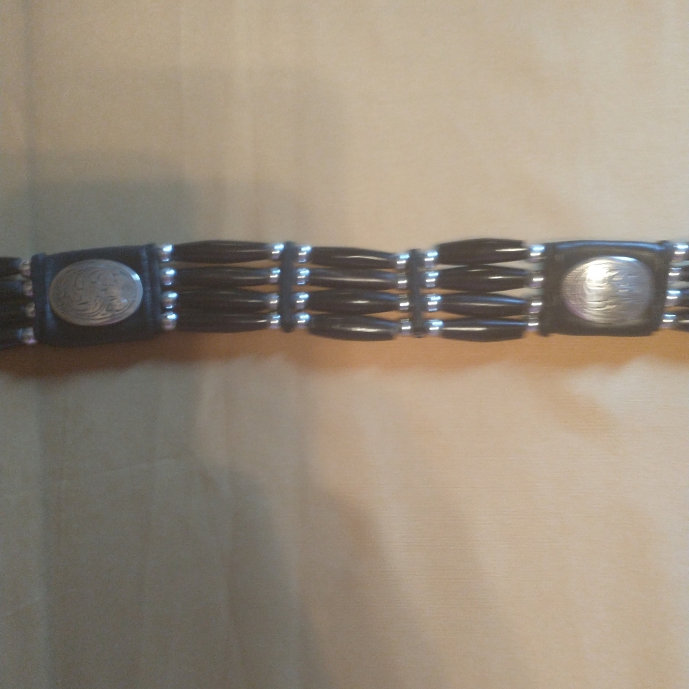 Vintage Black Leather Motorcycle Belt with Silver And Beaded Accents - 28 Inch - Picture 12 of 13